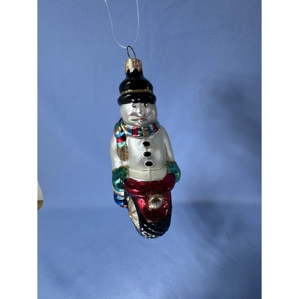 Dillard's Trimmings Snowman on a Motorcycle 1999 Glass Blown Christmas Ornament